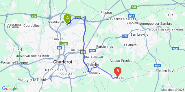 Map: Charleroi Airport Brussels South (CRL) to Presles