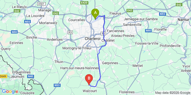 Map: Charleroi Airport Brussels South (CRL) to Pry