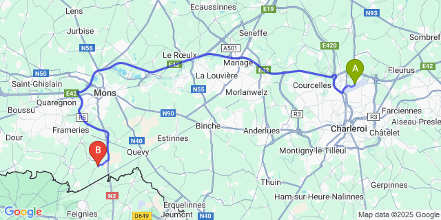 Map: Charleroi Airport Brussels South (CRL) to Quévy-Le-Grand