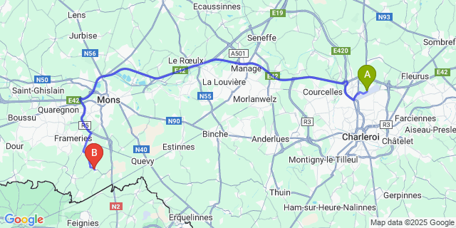 Map: Charleroi Airport Brussels South (CRL) to Quévy-le-Petit