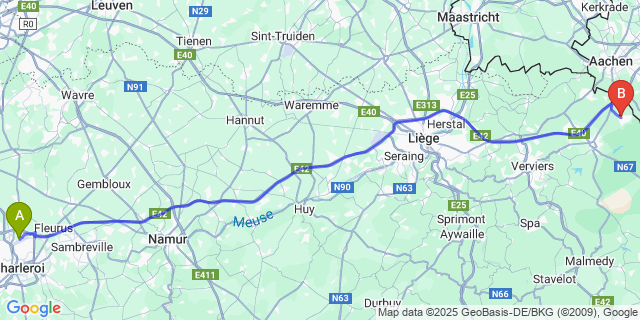 Map: Charleroi Airport Brussels South (CRL) to Raeren