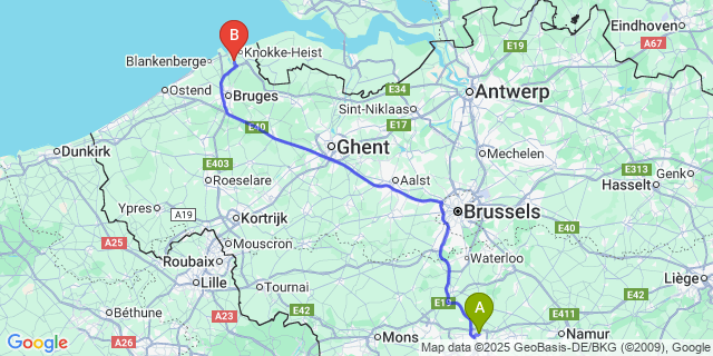 Map: Charleroi Airport Brussels South (CRL) to Ramskapelle