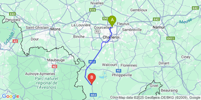 Map: Charleroi Airport Brussels South (CRL) to Rance