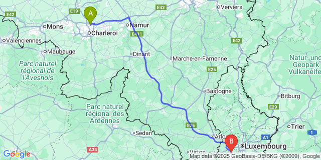 Map: Charleroi Airport Brussels South (CRL) to Reckange-sur-Mess