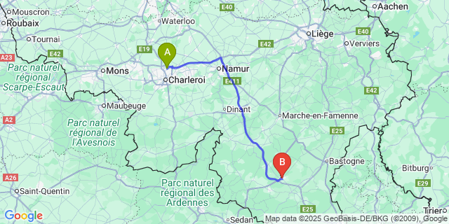 Map: Charleroi Airport Brussels South (CRL) to Recogne