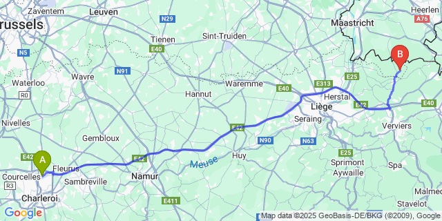 Map: Charleroi Airport Brussels South (CRL) to Remersdaal