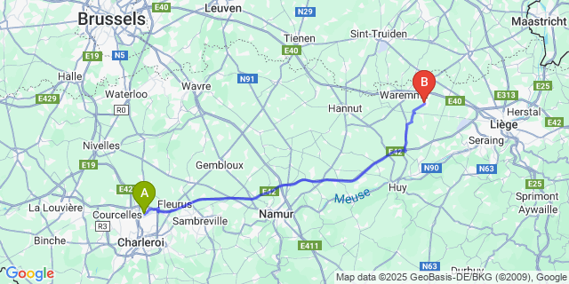 Map: Charleroi Airport Brussels South (CRL) to Remicourt