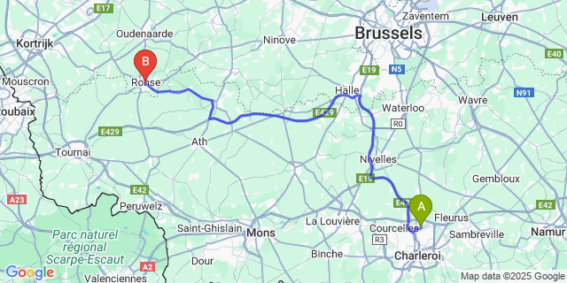 Map: Charleroi Airport Brussels South (CRL) to Renaix