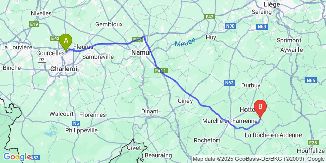 Map: Charleroi Airport Brussels South (CRL) to Rendeux
