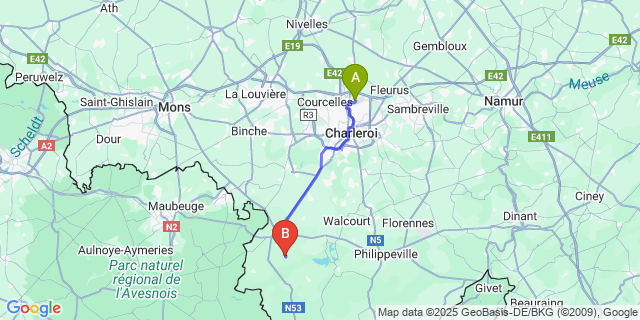 Map: Charleroi Airport Brussels South (CRL) to Renlies