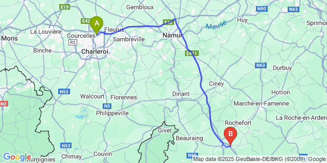 Map: Charleroi Airport Brussels South (CRL) to Resteigne