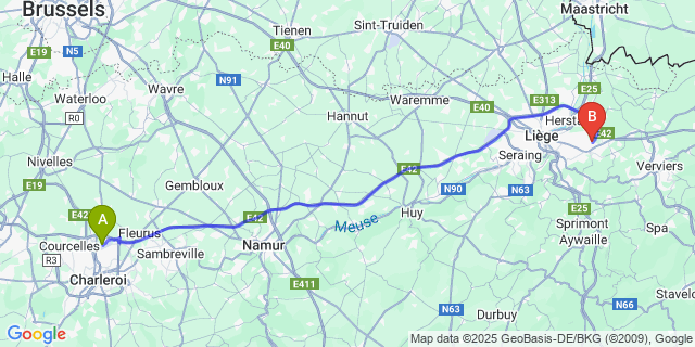 Map: Charleroi Airport Brussels South (CRL) to Retinne