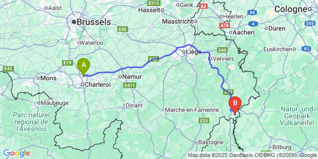 Map: Charleroi Airport Brussels South (CRL) to Reuland