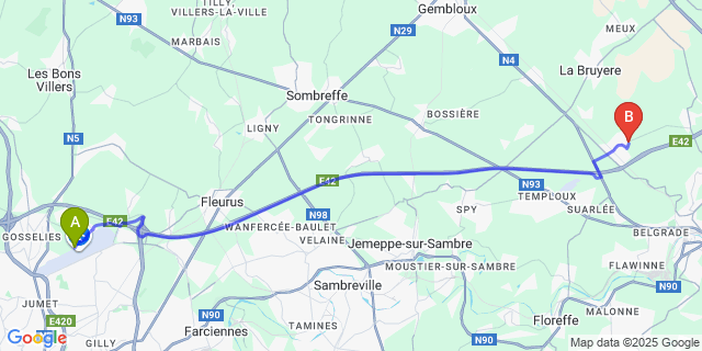 Map: Charleroi Airport Brussels South (CRL) to Rhisnes