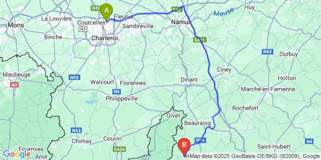 Map: Charleroi Airport Brussels South (CRL) to Rienne