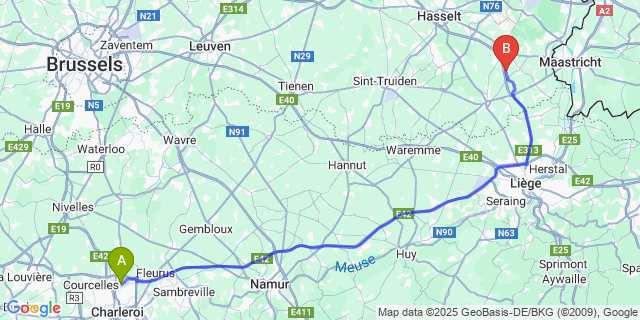 Map: Charleroi Airport Brussels South (CRL) to Rijkhoven