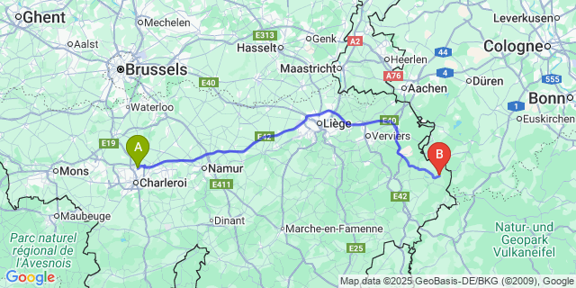 Map: Charleroi Airport Brussels South (CRL) to Rocherath