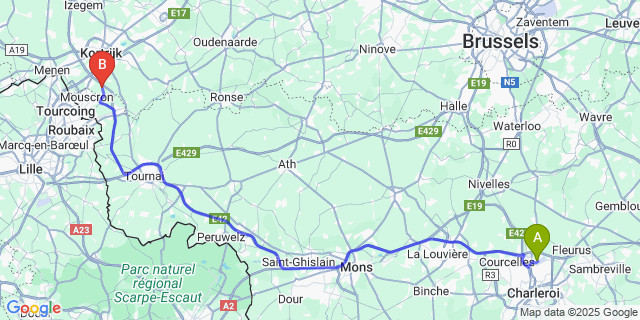 Map: Charleroi Airport Brussels South (CRL) to Rollegem
