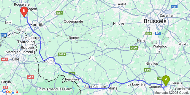 Map: Charleroi Airport Brussels South (CRL) to Rollegem-Kapelle