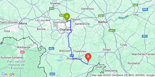 Map: Charleroi Airport Brussels South (CRL) to Romedenne