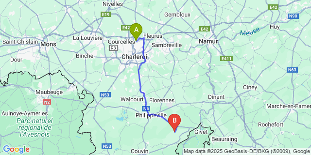 Map: Charleroi Airport Brussels South (CRL) to Romerée