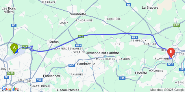 Map: Charleroi Airport Brussels South (CRL) to Ronet
