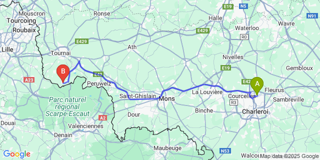 Map: Charleroi Airport Brussels South (CRL) to Rongy