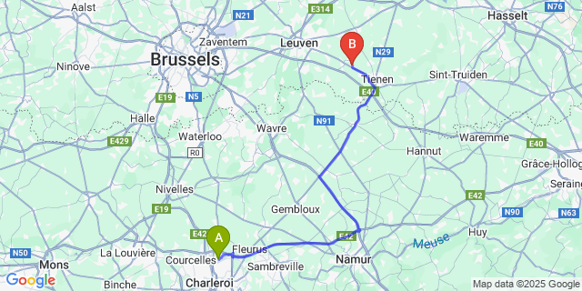 Map: Charleroi Airport Brussels South (CRL) to Roosbeek