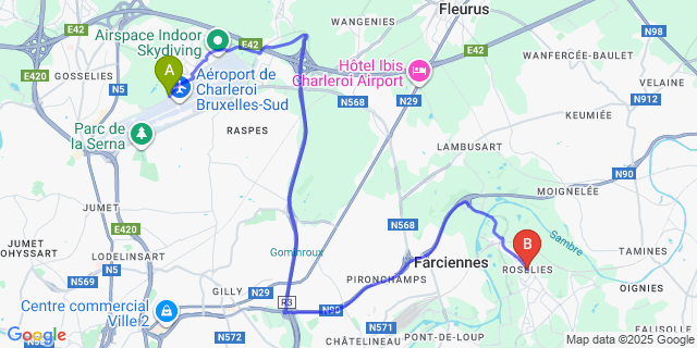 Map: Charleroi Airport Brussels South (CRL) to Roselies