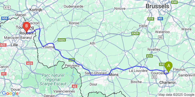 Map: Charleroi Airport Brussels South (CRL) to Roubaix