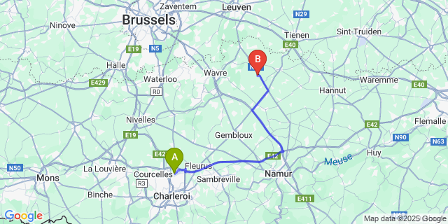 Map: Charleroi Airport Brussels South (CRL) to Roux-Miroir
