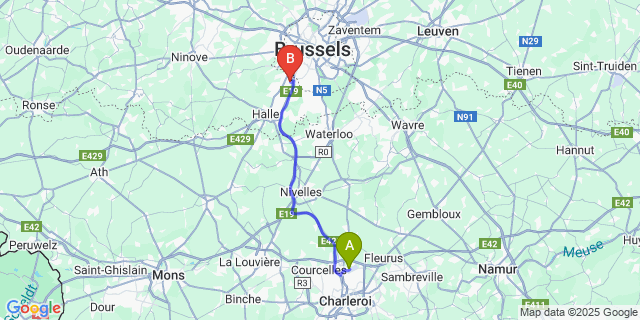 Map: Charleroi Airport Brussels South (CRL) to Ruisbroek (-Bij-Brussel)