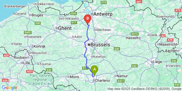 Map: Charleroi Airport Brussels South (CRL) to Ruisbroek (-Bij-Puurs)
