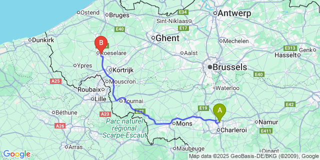 Map: Charleroi Airport Brussels South (CRL) to Rumbeke