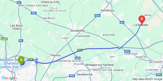 Map: Charleroi Airport Brussels South (CRL) to Saint-Denis (-Bovesse)