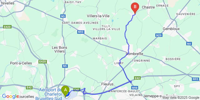 Map: Charleroi Airport Brussels South (CRL) to Saint-Gery