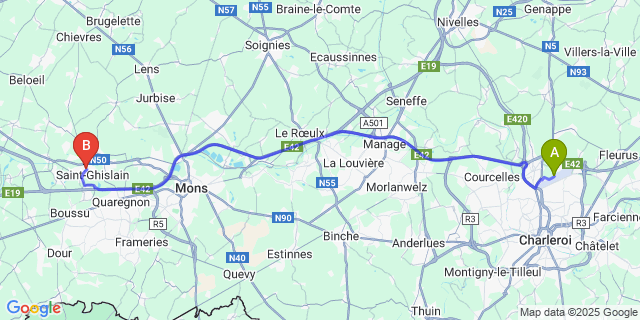 Map: Charleroi Airport Brussels South (CRL) to Saint-Ghislain