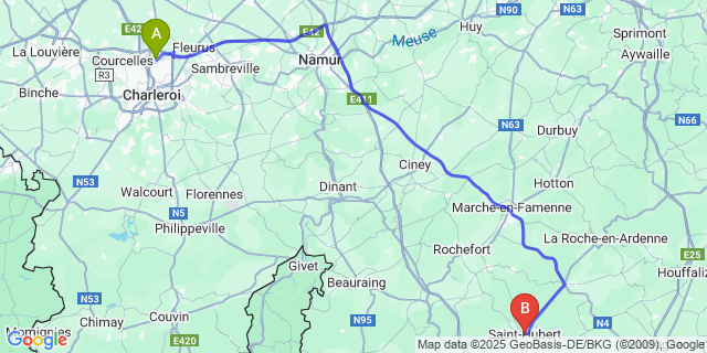 Map: Charleroi Airport Brussels South (CRL) to Saint-Hubert