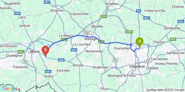 Map: Charleroi Airport Brussels South (CRL) to Saint-Symphorien
