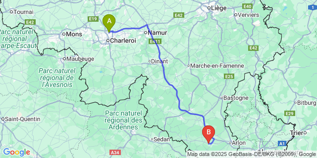 Map: Charleroi Airport Brussels South (CRL) to Sainte-Marie