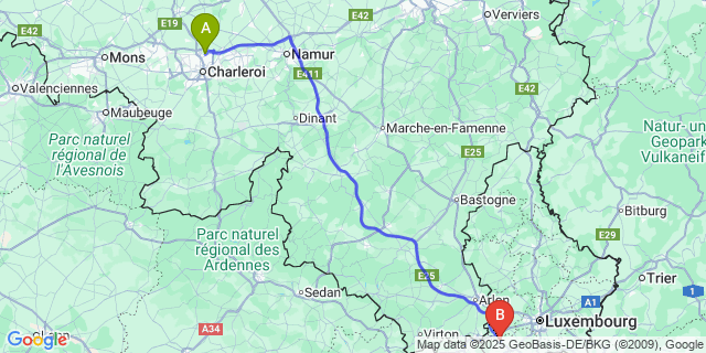 Map: Charleroi Airport Brussels South (CRL) to Sanem