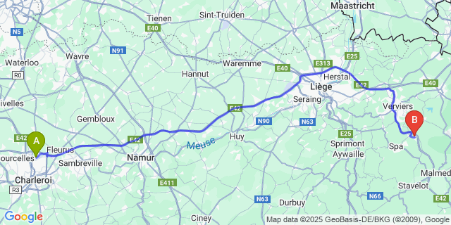 Map: Charleroi Airport Brussels South (CRL) to Sart