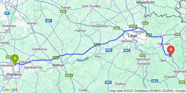 Map: Charleroi Airport Brussels South (CRL) to Sart (-Lez-Spa)