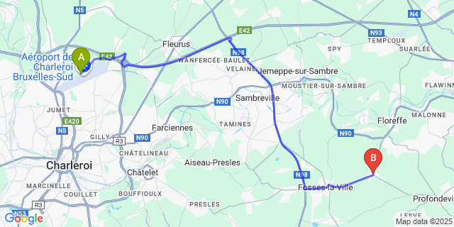 Map: Charleroi Airport Brussels South (CRL) to Sart-Saint-Laurent