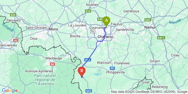 Map: Charleroi Airport Brussels South (CRL) to Sautin