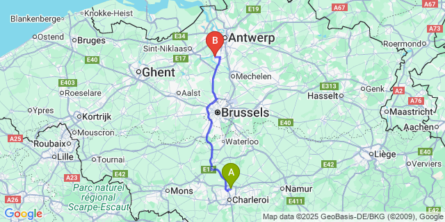 Map: Charleroi Airport Brussels South (CRL) to Schelle