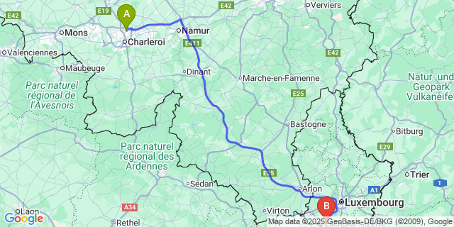 Map: Charleroi Airport Brussels South (CRL) to Schifflange