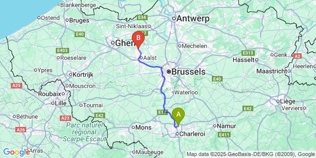 Map: Charleroi Airport Brussels South (CRL) to Schoonaarde
