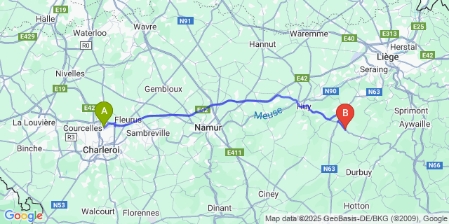 Map: Charleroi Airport Brussels South (CRL) to Seny