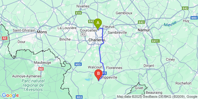 Map: Charleroi Airport Brussels South (CRL) to Senzeille